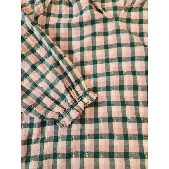 J.Crew Pink Green Gingham Ruffle Neck Cotton Sheer Peasant Blouse XL Flowy Boho - Picture 7 of 14